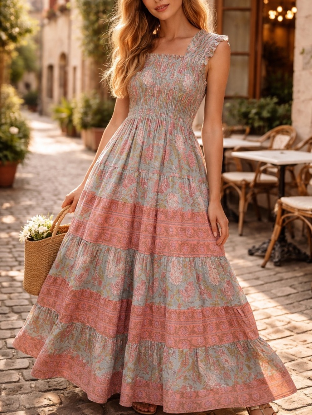 Calypso St. Barth Teal and Rose Floral Maxi Dress